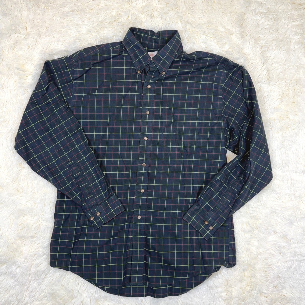 Brooks Brothers 346 Button Down Shirt Mens Large Navy Plaid Non-Iron Cotton